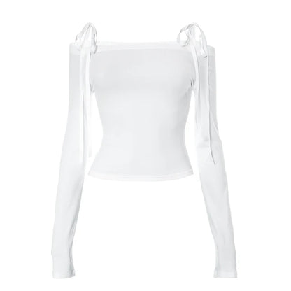 Women Off Shoulder Long Sleeve T Shirts Autumn Y2K Elegant White Crop Tops Skinny Strapless Casual Basic Tees Bow