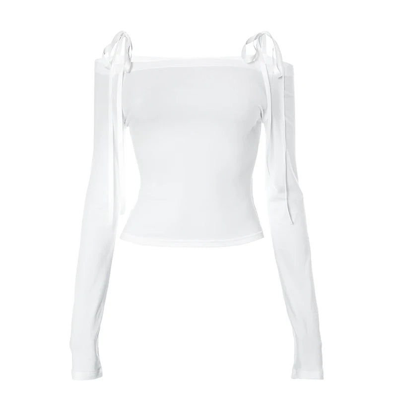 Women Off Shoulder Long Sleeve T Shirts Autumn Y2K Elegant White Crop Tops Skinny Strapless Casual Basic Tees Bow