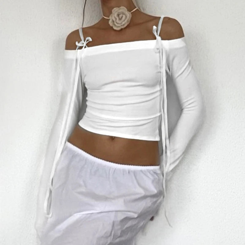 Women Off Shoulder Long Sleeve T Shirts Autumn Y2K Elegant White Crop Tops Skinny Strapless Casual Basic Tees Bow