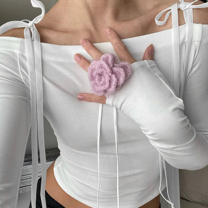 Women Off Shoulder Long Sleeve T Shirts Autumn Y2K Elegant White Crop Tops Skinny Strapless Casual Basic Tees Bow