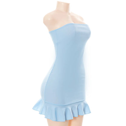 Women Soft Tender Slight Blue Strapless Wrap Hipster Mini Pleated Dress – Sexy Charm Outfits Girls Dating Wear