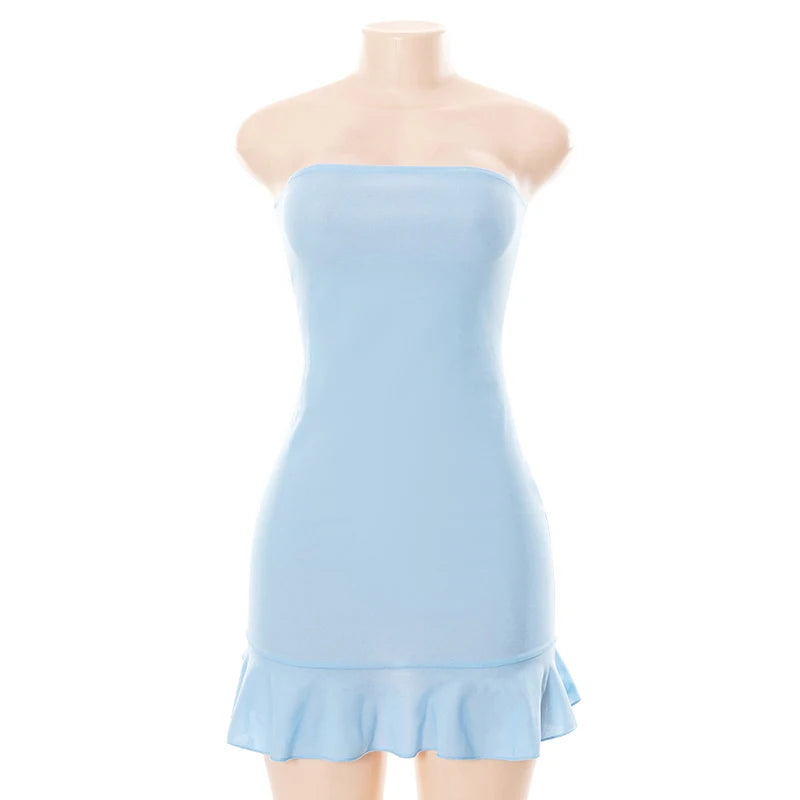 Women Soft Tender Slight Blue Strapless Wrap Hipster Mini Pleated Dress – Sexy Charm Outfits Girls Dating Wear