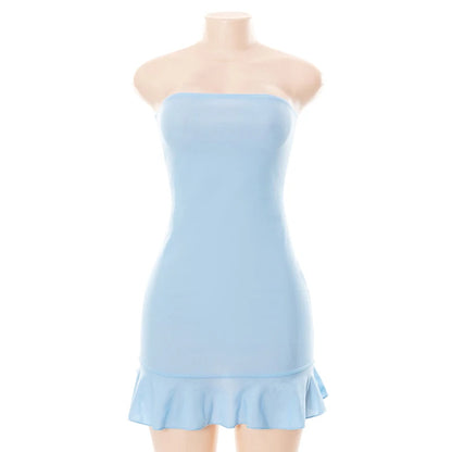 Women Soft Tender Slight Blue Strapless Wrap Hipster Mini Pleated Dress – Sexy Charm Outfits Girls Dating Wear