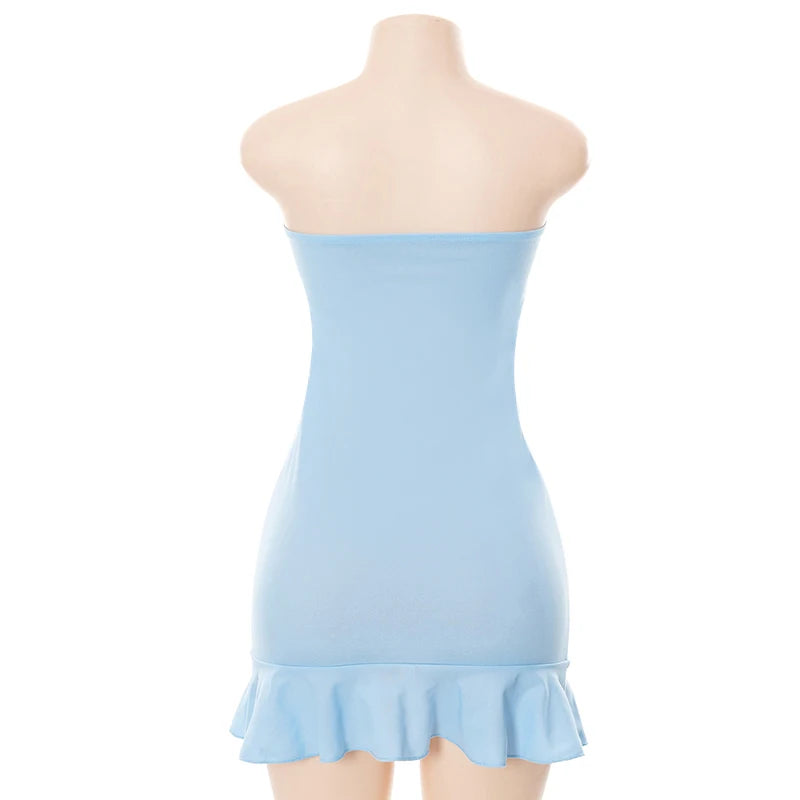Women Soft Tender Slight Blue Strapless Wrap Hipster Mini Pleated Dress – Sexy Charm Outfits Girls Dating Wear