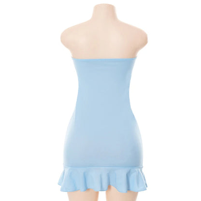 Women Soft Tender Slight Blue Strapless Wrap Hipster Mini Pleated Dress – Sexy Charm Outfits Girls Dating Wear