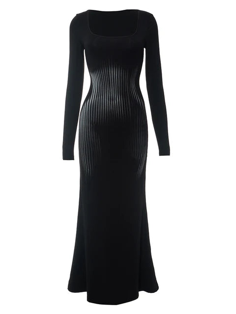 Women Square Collar Long Sleeve Abstract Stripe Body Print Dress Casual Wrap Hipster Mermaid Dress