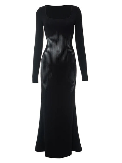 Women Square Collar Long Sleeve Abstract Stripe Body Print Dress Casual Wrap Hipster Mermaid Dress