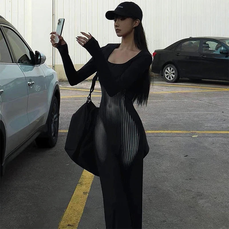 Women Square Collar Long Sleeve Abstract Stripe Body Print Dress Casual Wrap Hipster Mermaid Dress