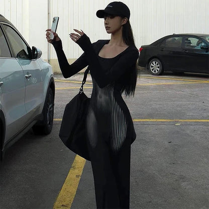 Women Square Collar Long Sleeve Abstract Stripe Body Print Dress Casual Wrap Hipster Mermaid Dress