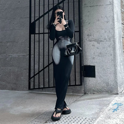 Women Square Collar Long Sleeve Abstract Stripe Body Print Dress Casual Wrap Hipster Mermaid Dress