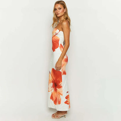 Women’s 2025 New Flower Printed Tubeless Off Shoulder Beach Long Dress