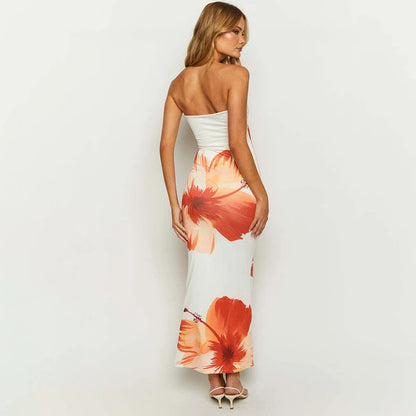 Women’s 2025 New Flower Printed Tubeless Off Shoulder Beach Long Dress