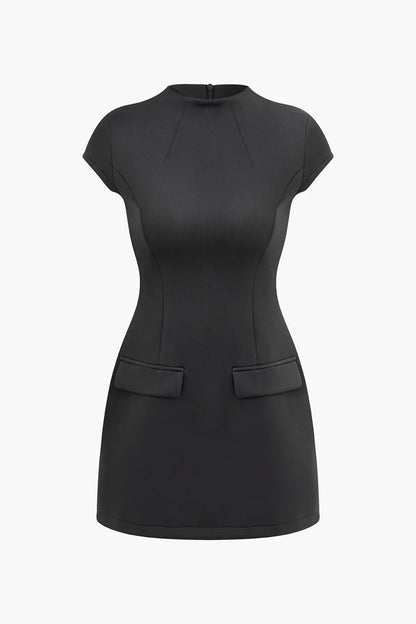 Calliope Solid Black Round Neck Short Sleeve Midi Party Dress