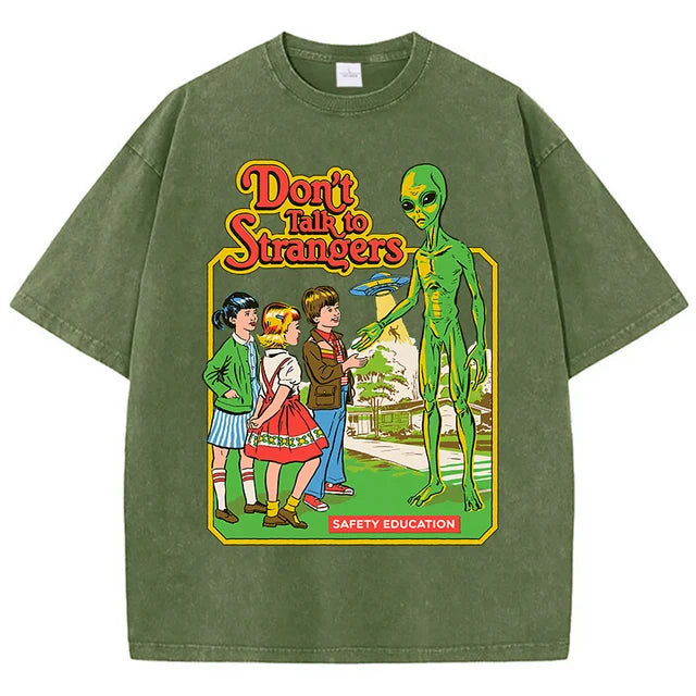 Cartoon Alien Classic Communication Print Women T-shirt Breathable Cotton Short Sleeve Washed Vintage Worn Out Female T Shirts