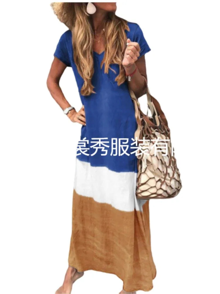 Casual Loose Contrasting Colors Long Dresses Women Fashion Summer V-neck Short Sleeves Maxi Dress Female Commuting Vestidos New