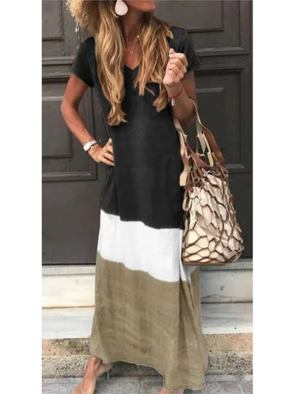 Casual Loose Contrasting Colors Long Dresses Women Fashion Summer V-neck Short Sleeves Maxi Dress Female Commuting Vestidos New