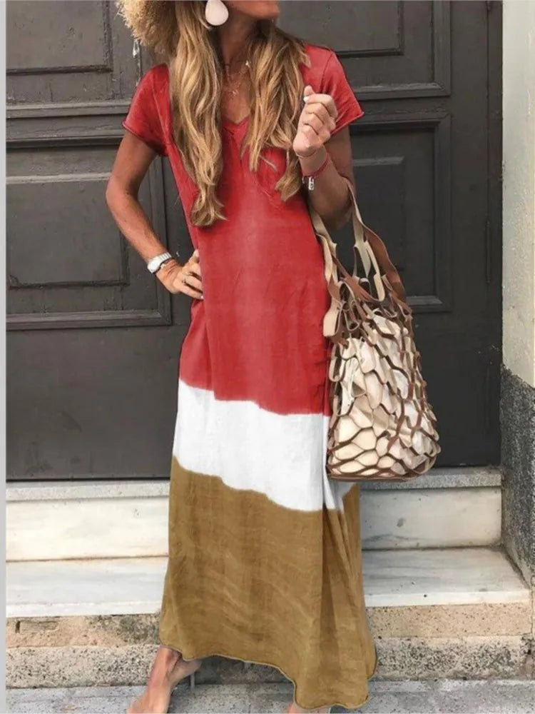 Casual Loose Contrasting Colors Long Dresses Women Fashion Summer V-neck Short Sleeves Maxi Dress Female Commuting Vestidos New