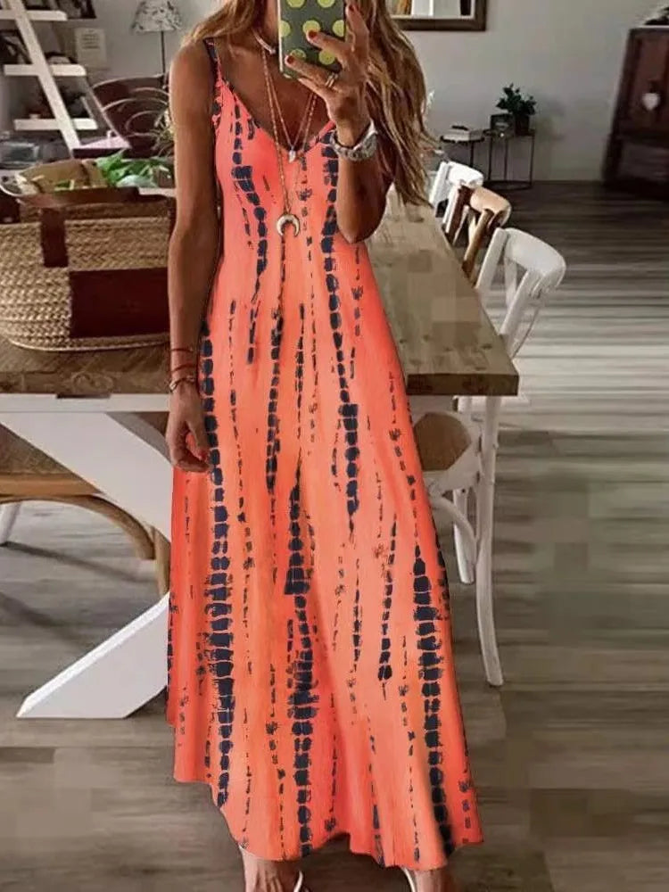 Casual Printed Maxi Spaghetti Strap Dresses For Women V-neck Backless A-line Long Dress Fashion Bohemian Style Beach Vestidos