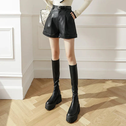 FashionSierra - New Autumn Winter High Waist Black Leather Female Boots Women 2025 Shorts