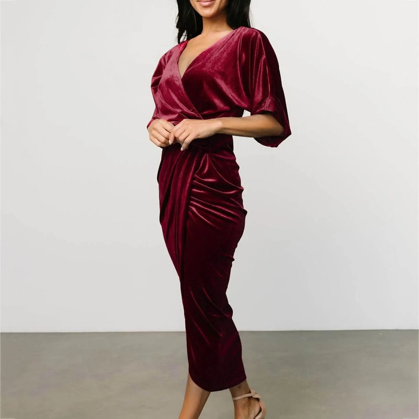 FashionSierra - Casual Solid Velvet Pleated Fashion Elegant Irregular Evening Draped Commuter Dress