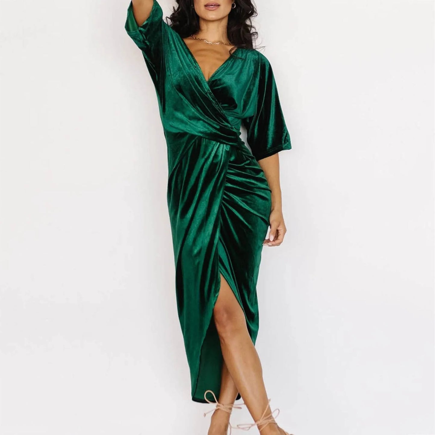 FashionSierra - Casual Solid Velvet Pleated Fashion Elegant Irregular Evening Draped Commuter Dress