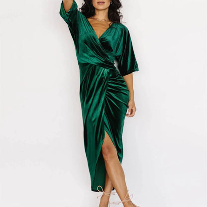 FashionSierra - Casual Solid Velvet Pleated Fashion Elegant Irregular Evening Draped Commuter Dress