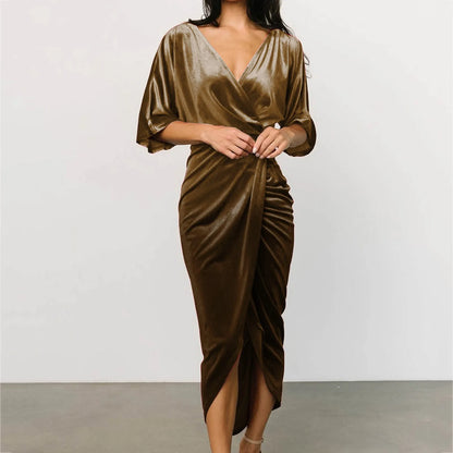 FashionSierra - Casual Solid Velvet Pleated Fashion Elegant Irregular Evening Draped Commuter Dress