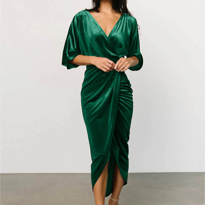 FashionSierra - Casual Solid Velvet Pleated Fashion Elegant Irregular Evening Draped Commuter Dress
