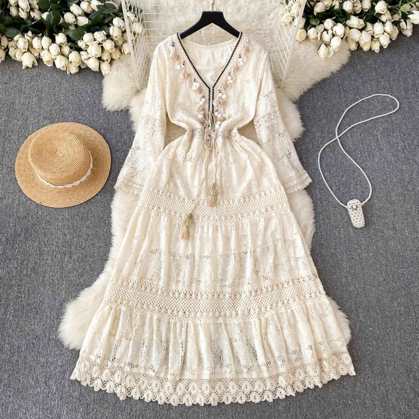 FashionSierra-Casual  V-neck  Flare Sleeve  Floral Lace  Vintage  Tassel  Long  Maxi  Summer Boho Dress