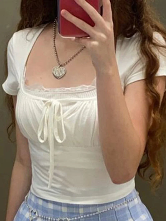 Casual White Knitted Lac Patched Female T-shirts Y2K Korean Style Slim Tie Up Shirring Summer Top Tee Folds Outfits