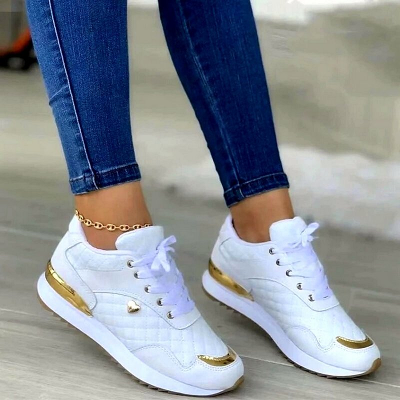Women’s Trendy Quilted Lace Up Sneakers with Gold Accent | Ideal for All Seasons
