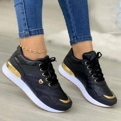 Women’s Trendy Quilted Lace Up Sneakers with Gold Accent | Ideal for All Seasons