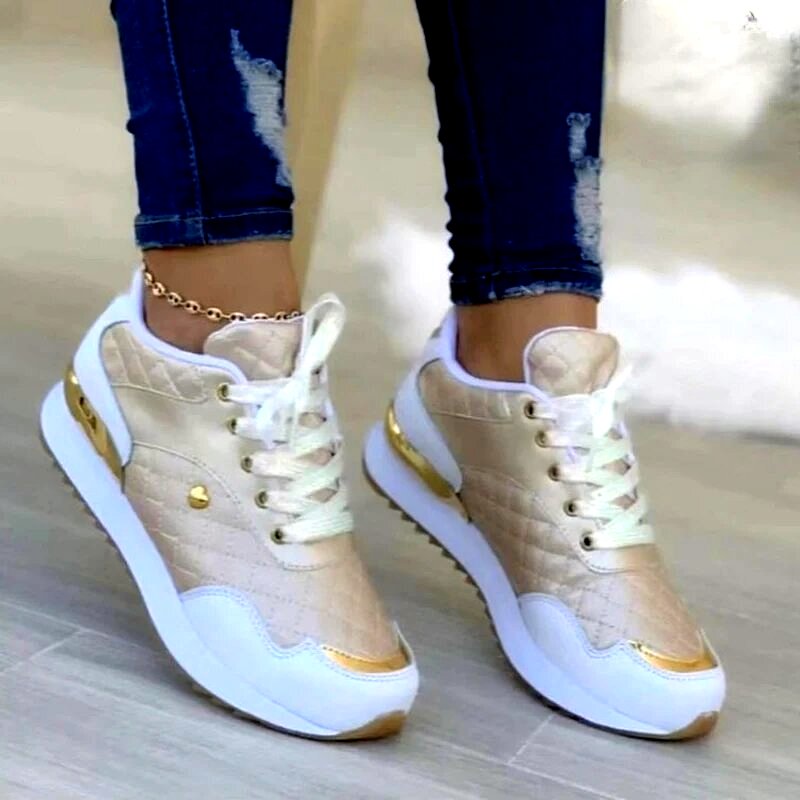 Women’s Trendy Quilted Lace Up Sneakers with Gold Accent | Ideal for All Seasons