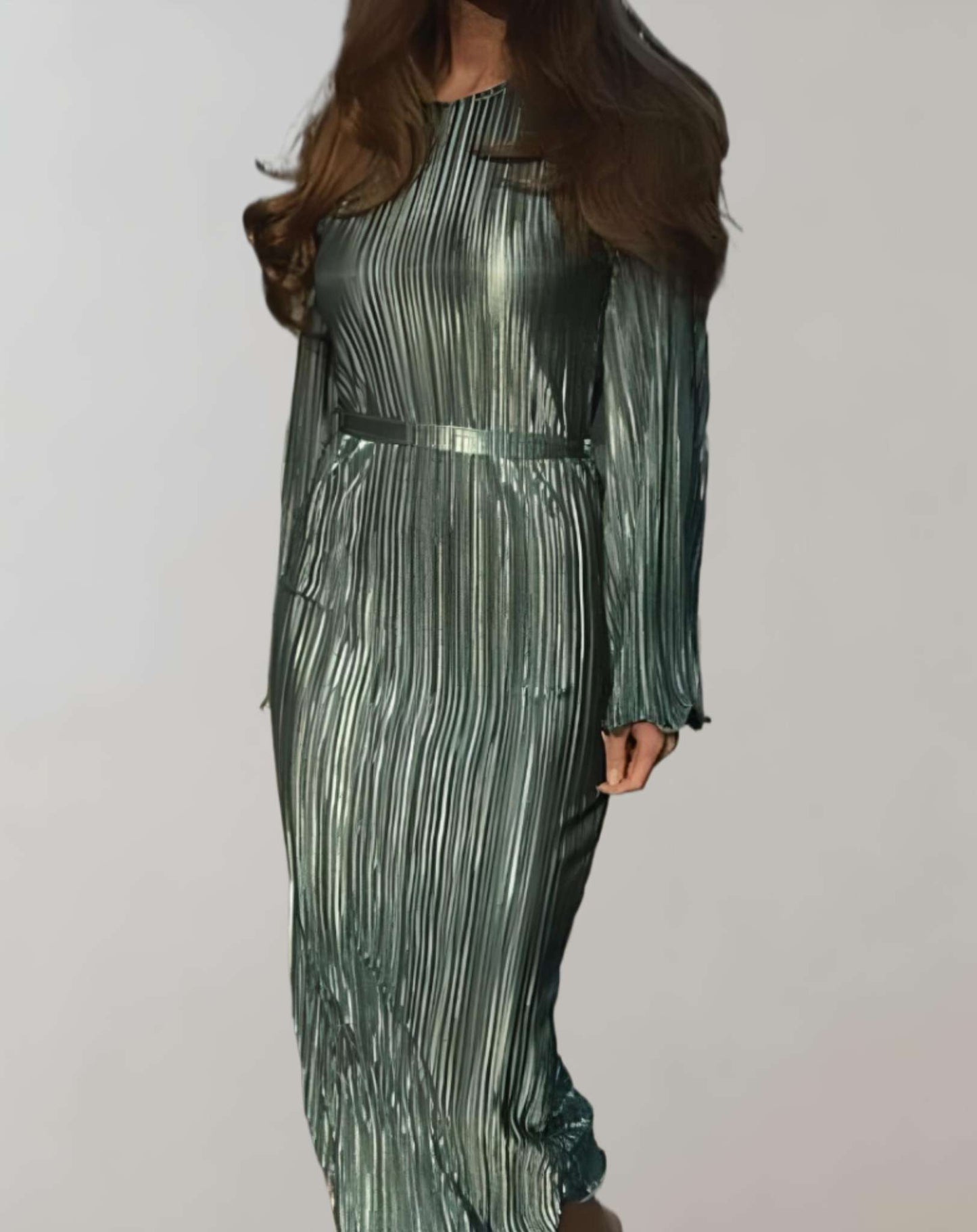 Vestido largo clásico de cuello redondo con cinturón para mujer | Ideal para primavera/verano