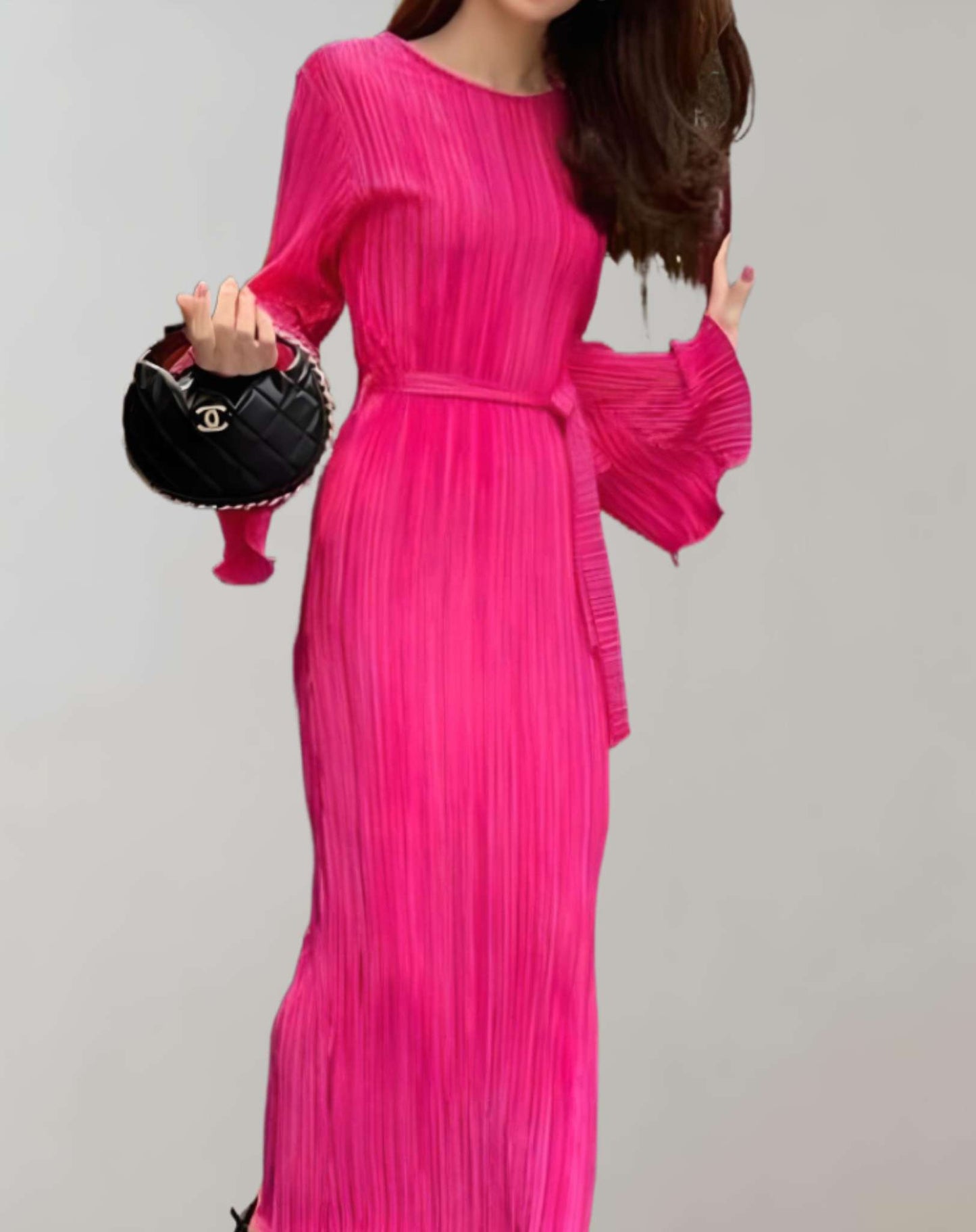 Vestido largo clásico de cuello redondo con cinturón para mujer | Ideal para primavera/verano