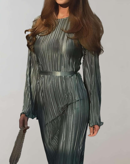 Vestido largo clásico de cuello redondo con cinturón para mujer | Ideal para primavera/verano