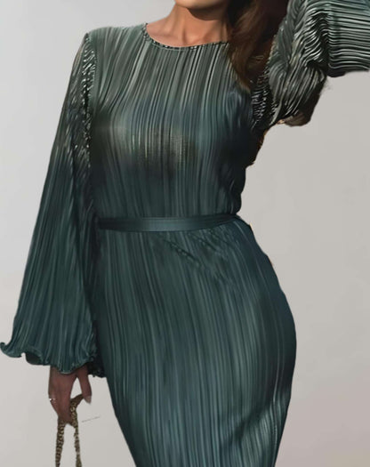 Vestido largo clásico de cuello redondo con cinturón para mujer | Ideal para primavera/verano