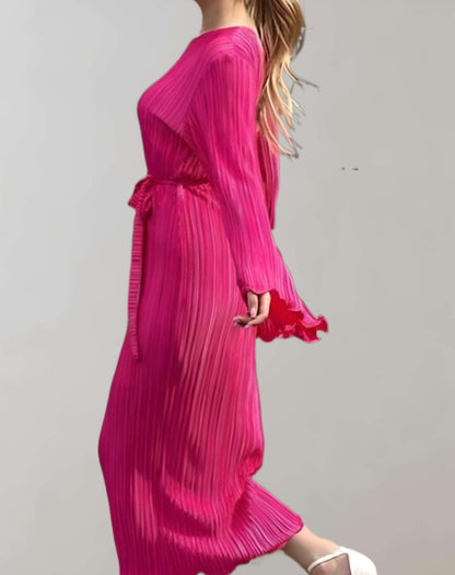 Vestido largo clásico de cuello redondo con cinturón para mujer | Ideal para primavera/verano