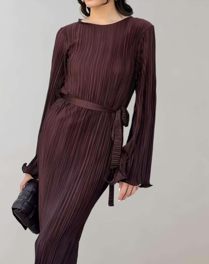 Vestido largo clásico de cuello redondo con cinturón para mujer | Ideal para primavera/verano