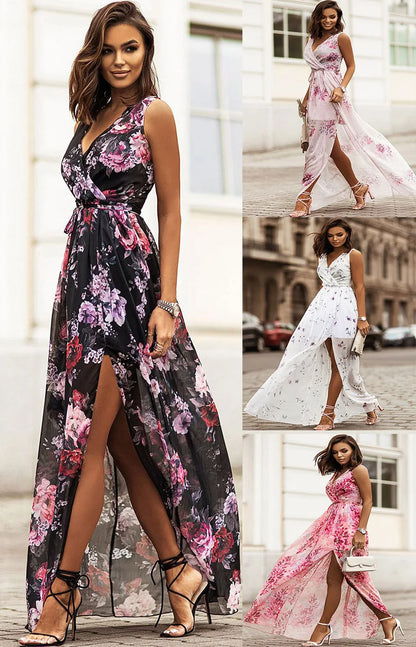 Chiffon Flowers Print Long Dresses Women Sexy V-neck Backless Leace-up Slit Dress Fashion Temperament Lady Commuting Vestidos