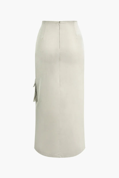 Colena Grey Asymmetric Belted Flap Pocket Split Maxi Skirt