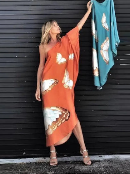 Color Butterfly Print One Shoulder Sleeve Dresses Women Sexy Off Shoulder Loose Beach Vacation Irregular Long Dress Streetwear
