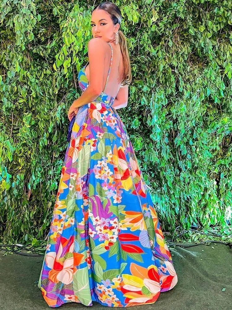 Color Flower Print Spaghetti Strap Evening Dresses Women Temperament Sexy V-neck Backless Beach Vacation Party Long Dress Female