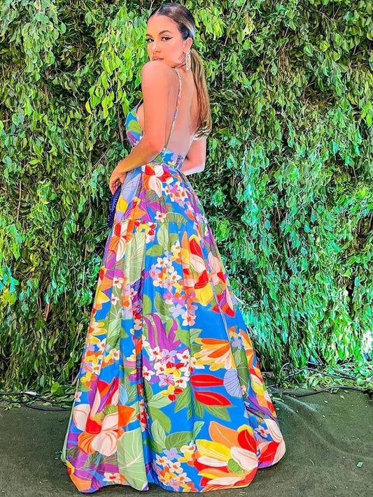 Color Flower Print Spaghetti Strap Evening Dresses Women Temperament Sexy V-neck Backless Beach Vacation Party Long Dress Female