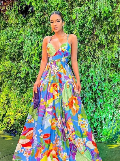 Color Flower Print Spaghetti Strap Evening Dresses Women Temperament Sexy V-neck Backless Beach Vacation Party Long Dress Female