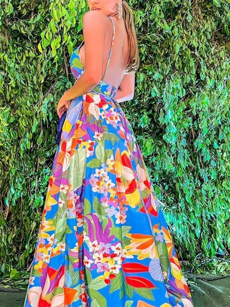 Color Flower Print Spaghetti Strap Evening Dresses Women Temperament Sexy V-neck Backless Beach Vacation Party Long Dress Female