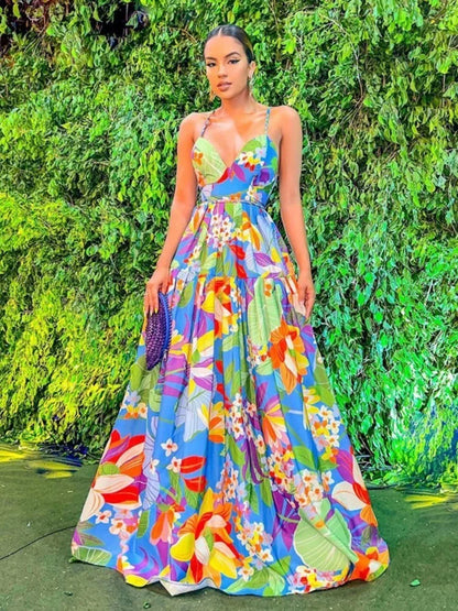 Color Flower Print Spaghetti Strap Evening Dresses Women Temperament Sexy V-neck Backless Beach Vacation Party Long Dress Female