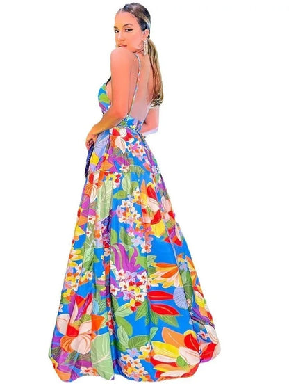 Color Flower Print Spaghetti Strap Evening Dresses Women Temperament Sexy V-neck Backless Beach Vacation Party Long Dress Female