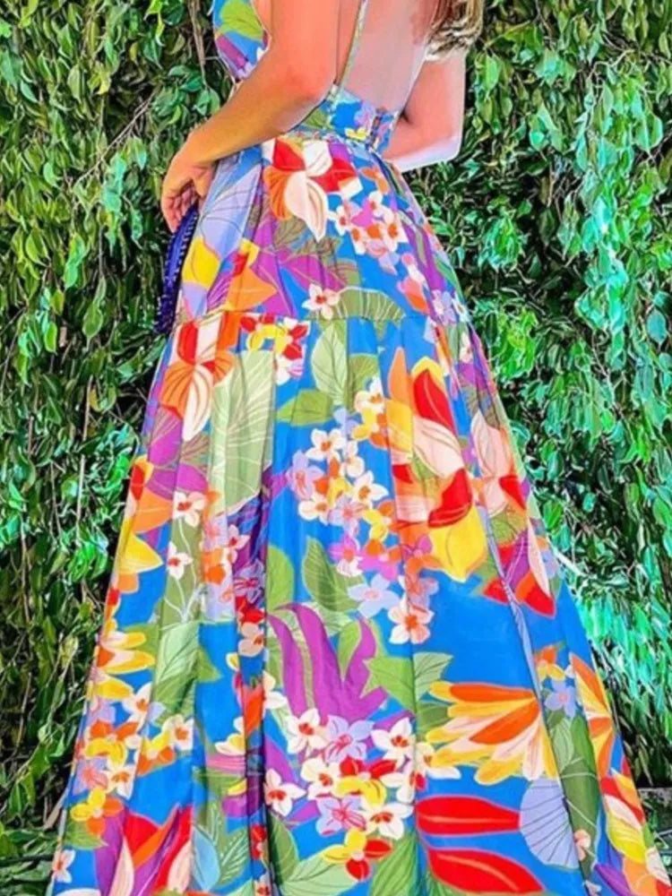 Color Flower Print Spaghetti Strap Evening Dresses Women Temperament Sexy V-neck Backless Beach Vacation Party Long Dress Female