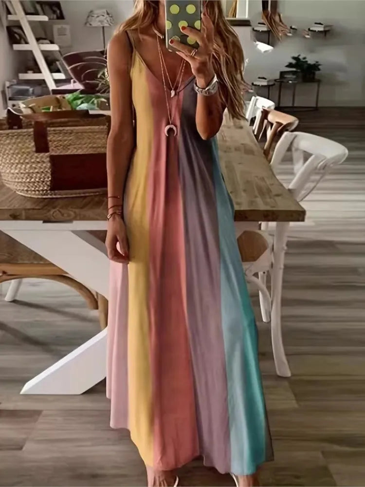 Color Gradient Print Spaghetti Strap Dresses Women Fashion Summer V-neck Beach Vacation Style Long Dress Female A-line Vestidos